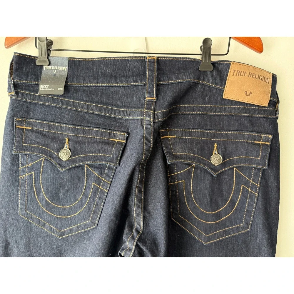 True Religion Ricky Relaxed Straight Jeans Mens 36x34 Dark Indigo Blue Denim NWT